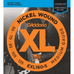 5-String Nickel Wound Bass Guitar Strings, Medium, 50-135, Long Scale