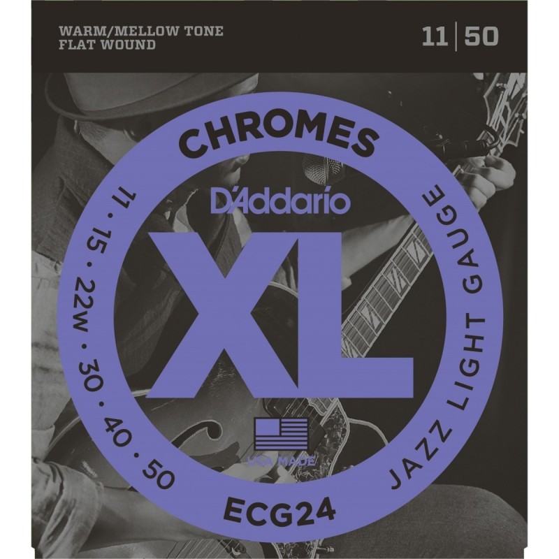 D'Addario ECG24 Chromes Flat Wound Electric Guitar Strings, Jazz Light, 11-50