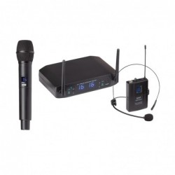 Sistema a radiomicrofono doppio uhf con 16+16 ch, un microfono palmare e un microfono ad archetto spina uk