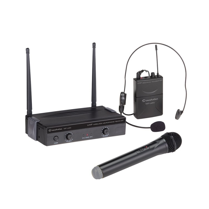 Radiomicrofono UHF 2x 4-Canali con 1 ricevitore, 1 mic. palmare, 1 bodypack ed 1 microfono ad archetto